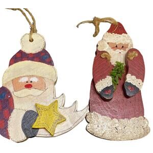 Hand Painted Wooden Folk Art Christmas Santa Clauses Flat 1988 Ornaments Set